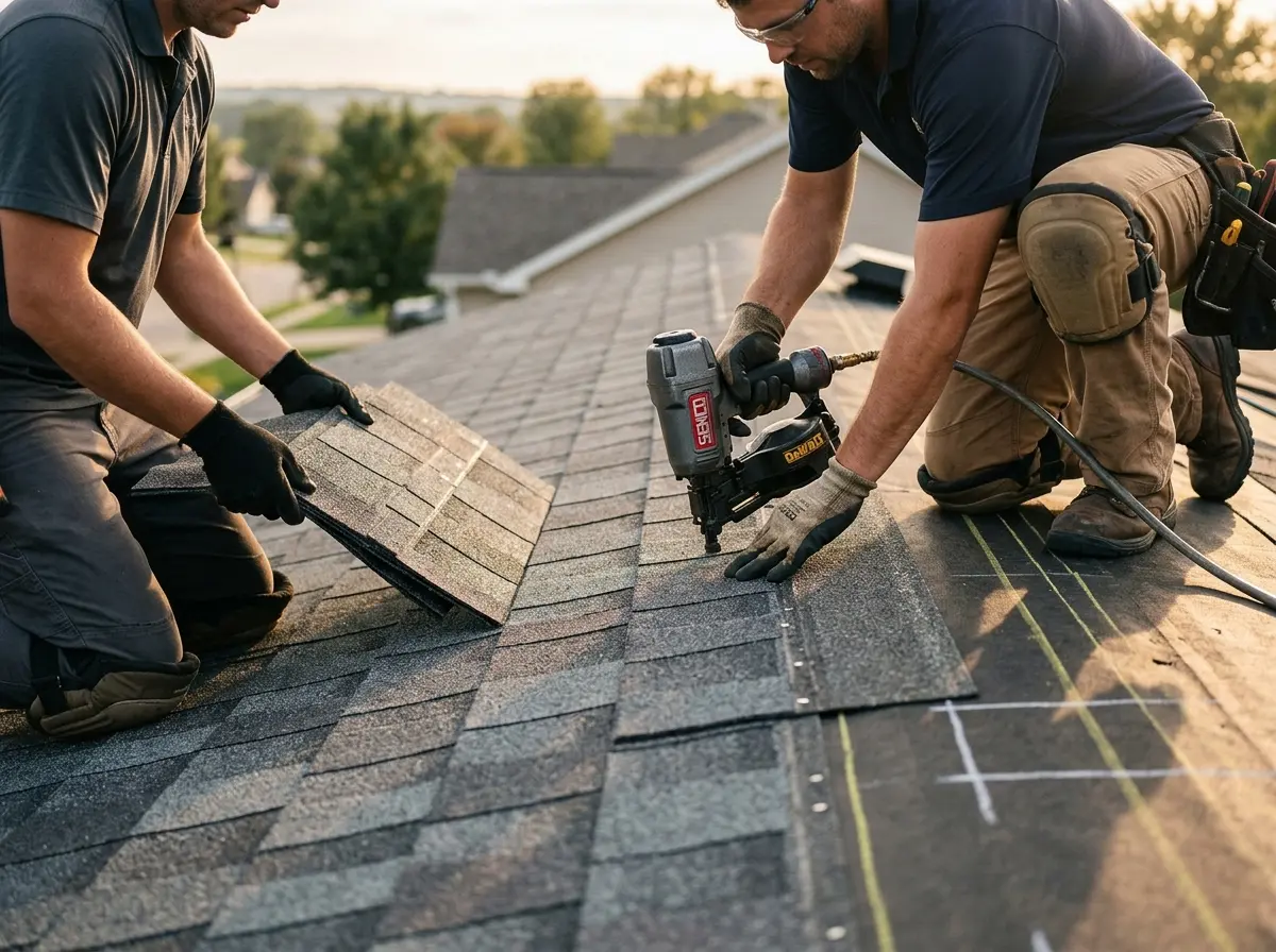 Professional roofer working on a residential roof in Ira